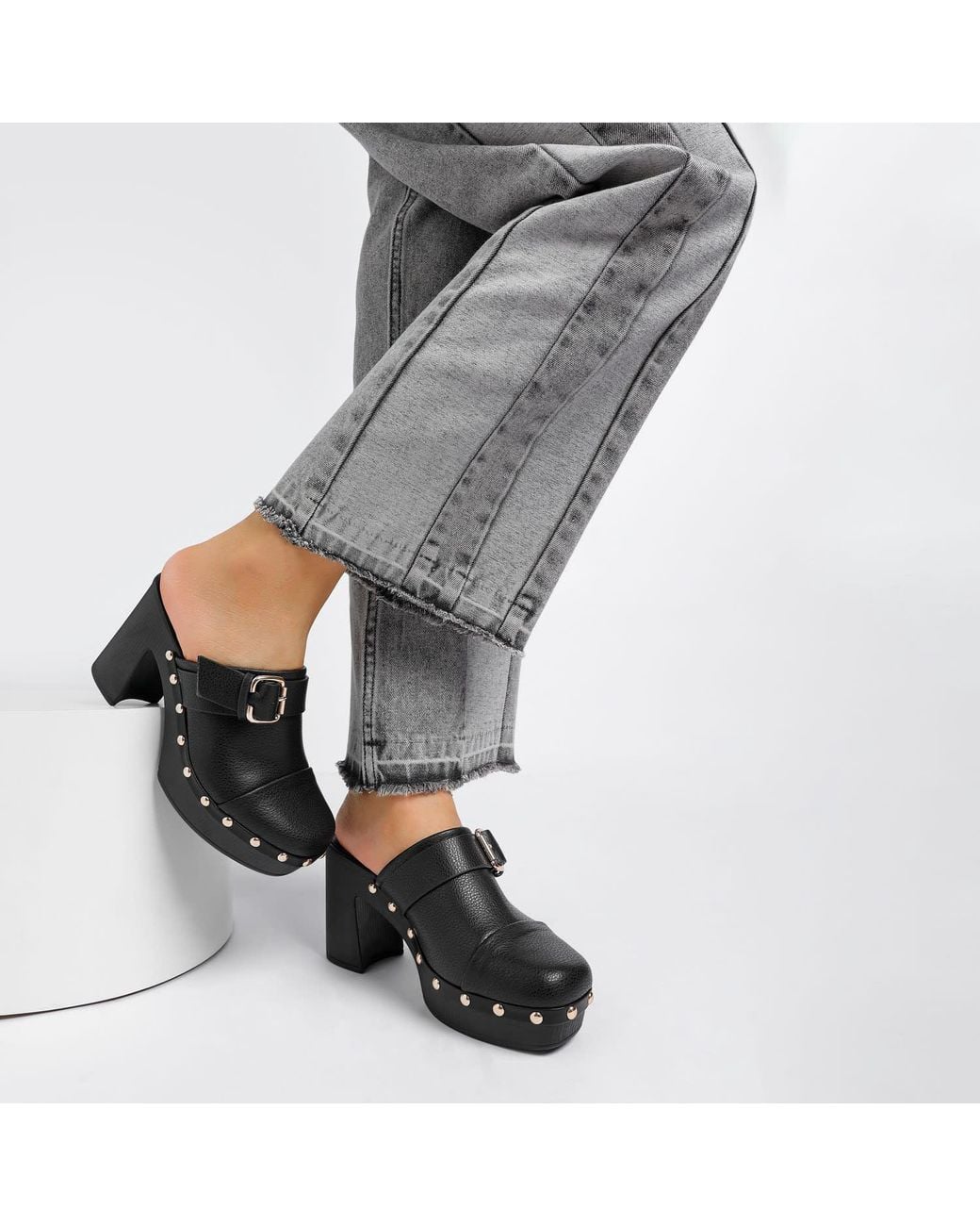 Rag & Co Black Septim Genuine Leather Studded Clog Heels