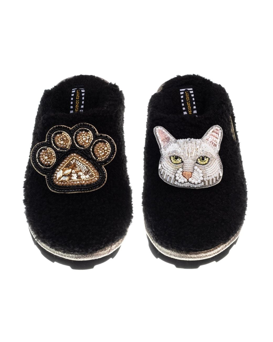 Laines London Black Teddy Closed Toe Slippers With Lily The Cat & Paw Brooches