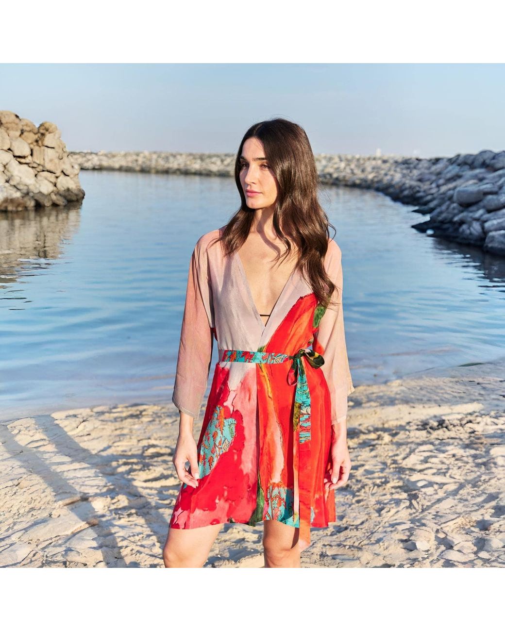 DHARA SHETH DUBAI Red Coral Mirage Floral Short Kimono