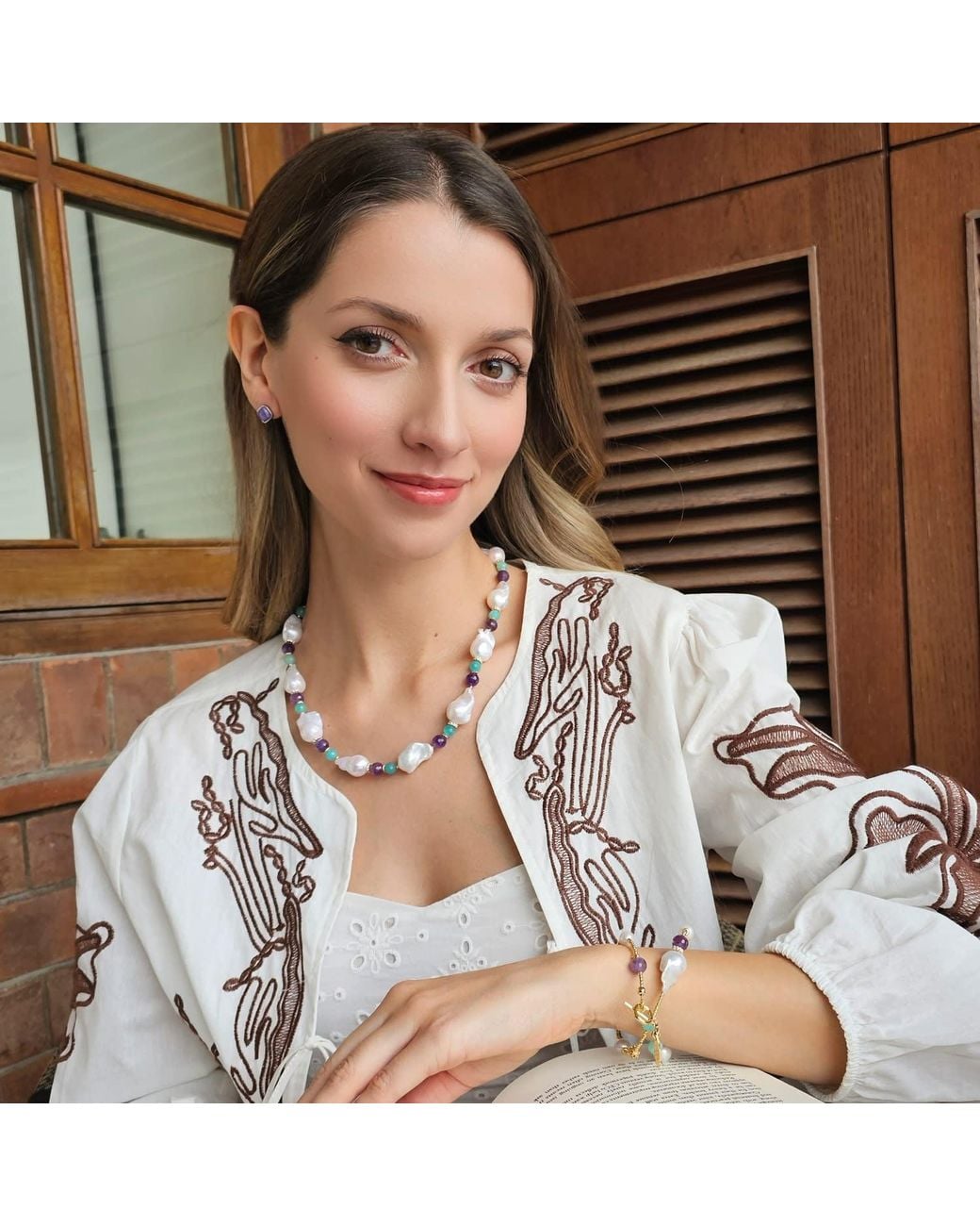 Farra Blue Elegant Baroque Pearls With Amethyst & Amazonite Necklace