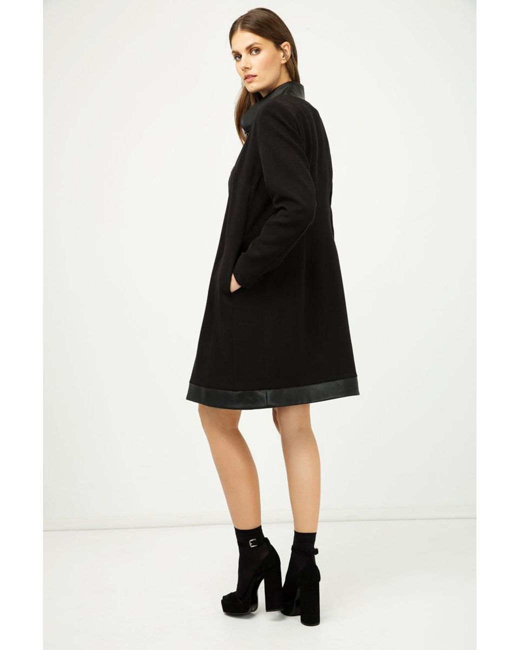 Conquista Black Coat With Pleather Detail