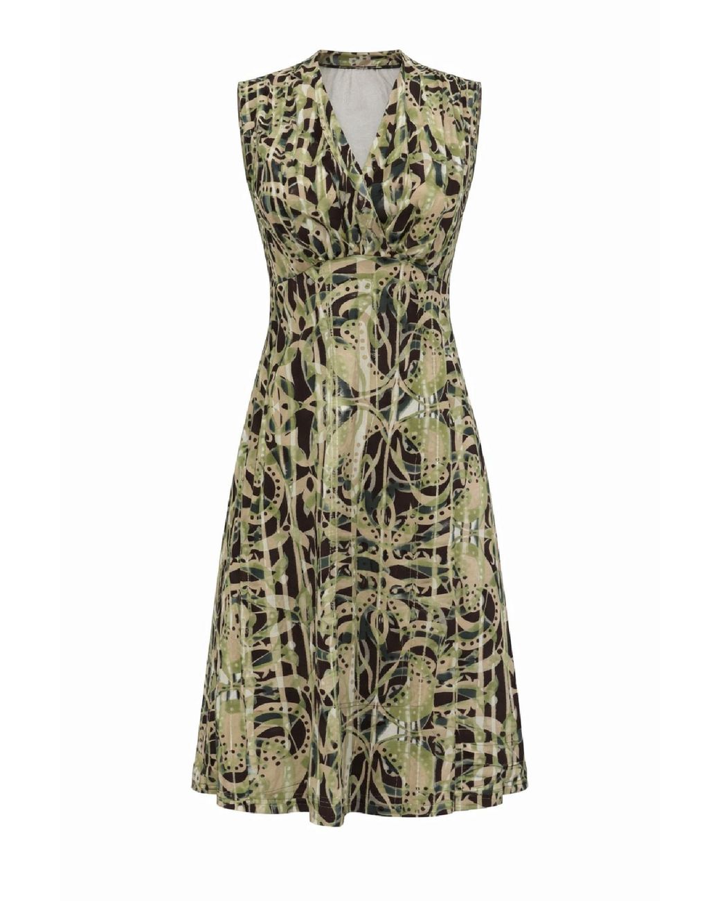 Conquista Green Artistic Wrap-Front Midi Dress With Abstract Print