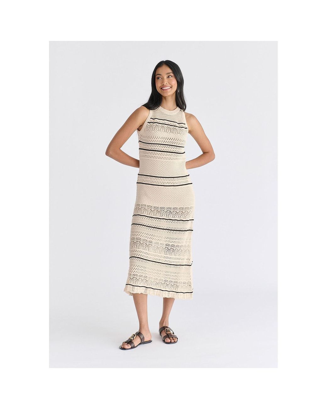 Paisie Natural Neutrals Contrast Detail Pointelle Knitted Dress
