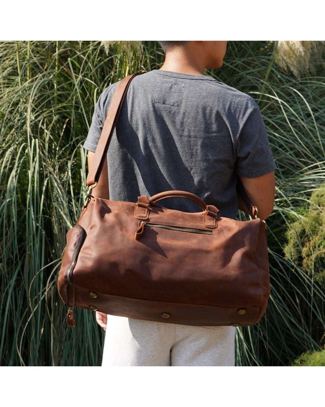 Touri Brown Genuine Leather Gym Bag With Shoe Storage for men