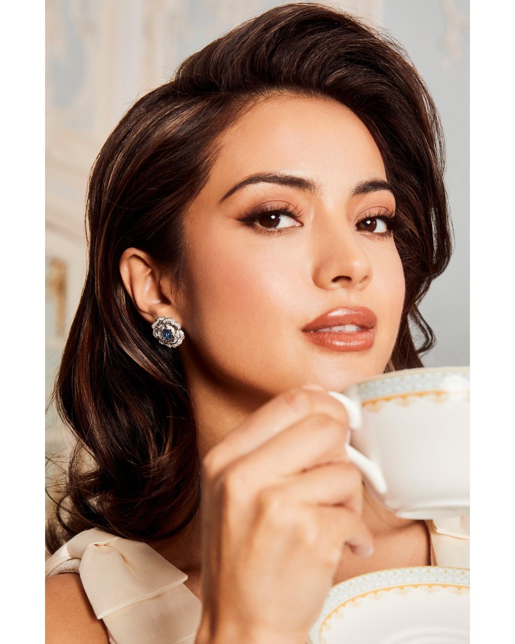 Santinni Blue Marchioness Flower-Motif Earrings With Crystal