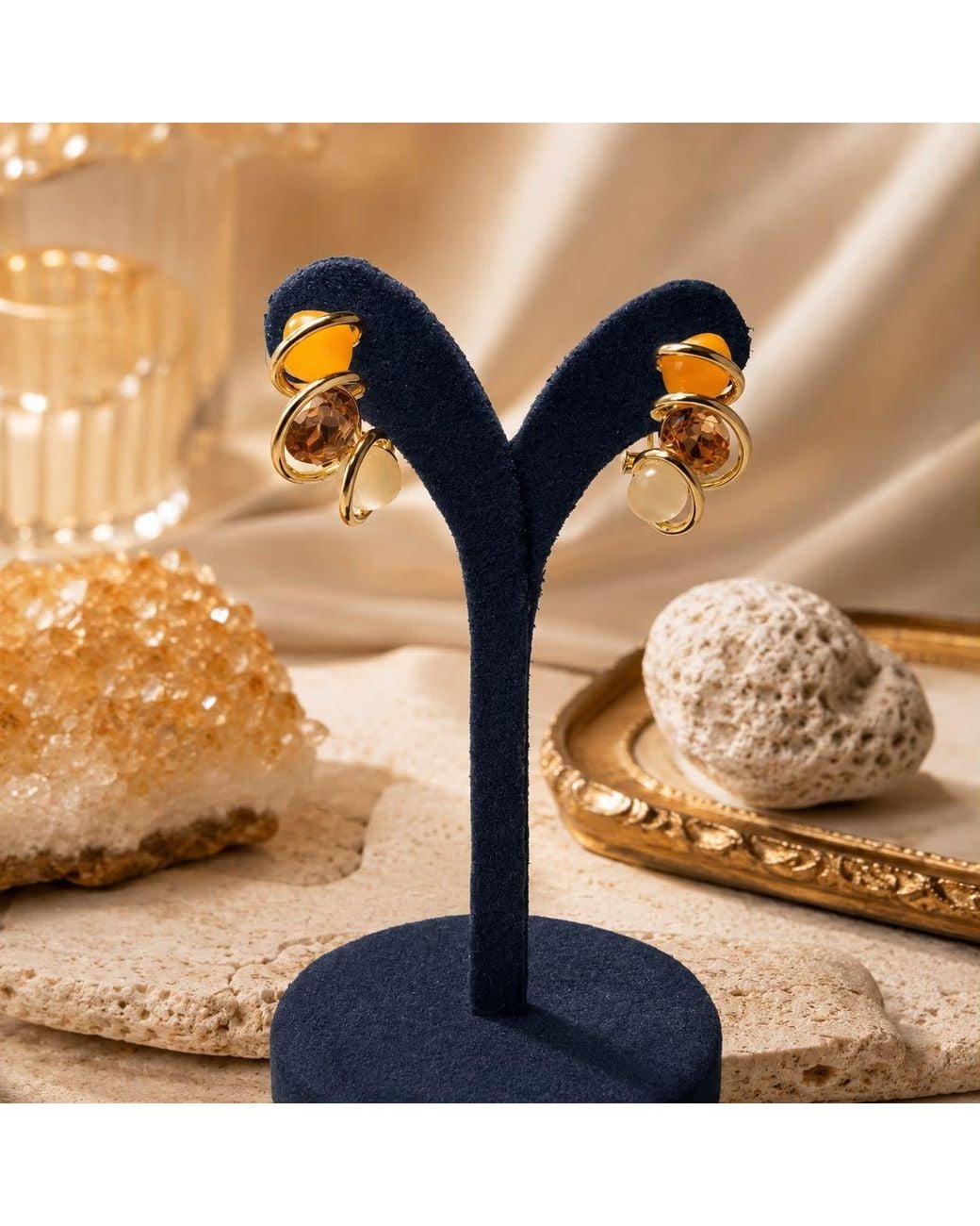 By Ozge Metallic Solar Harmony Amber & Ivory Plated Dangle Earrings
