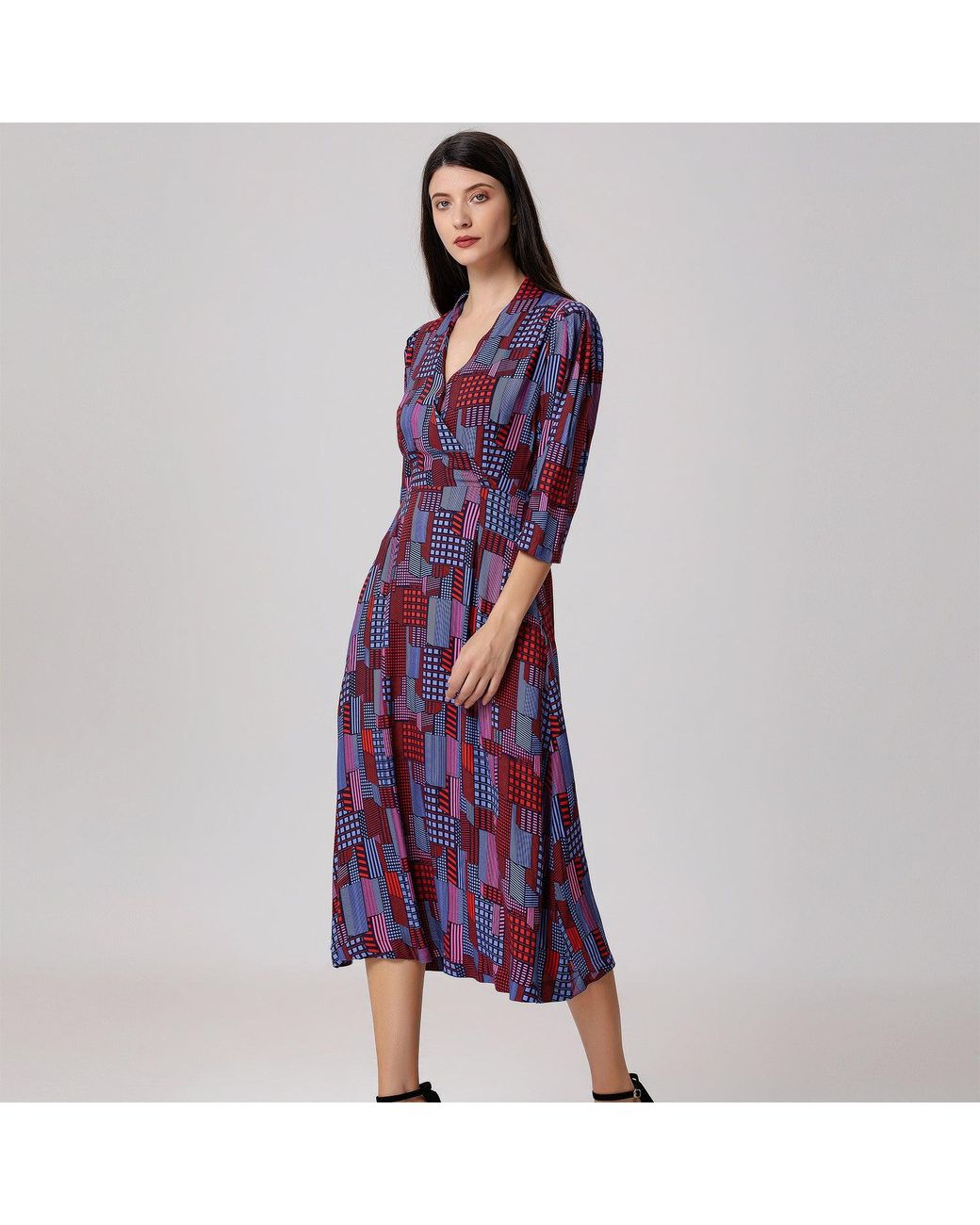 Smart and Joy Purple Geometric Print Viscose Wrap Midi Dress