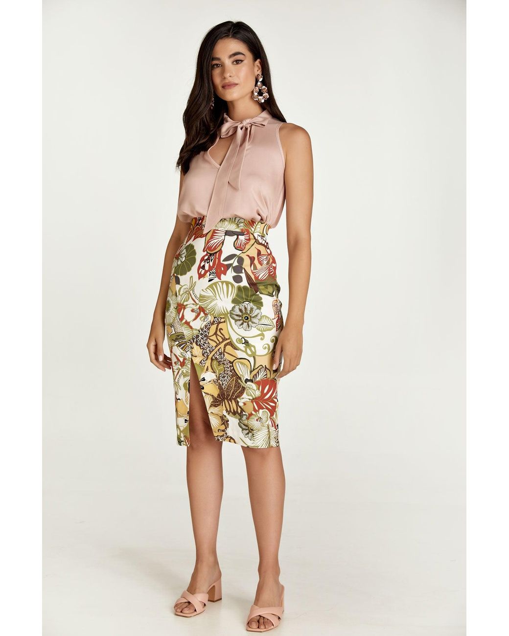 Conquista Metallic Floral Cotton Pencil Skirt