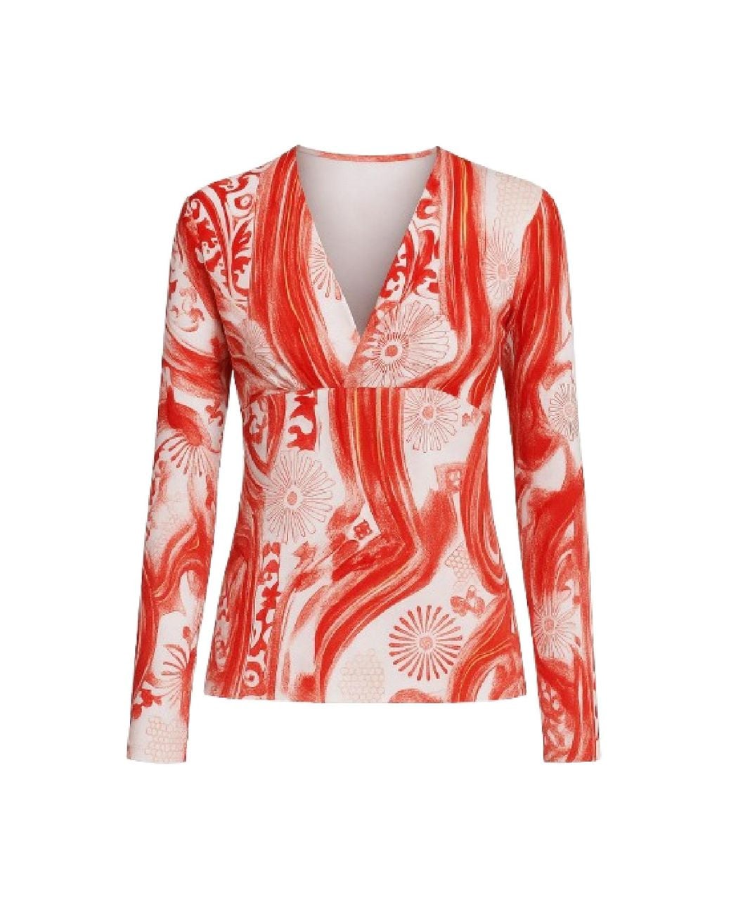 Conquista Red Printed V-Neck Long-Sleeve Top