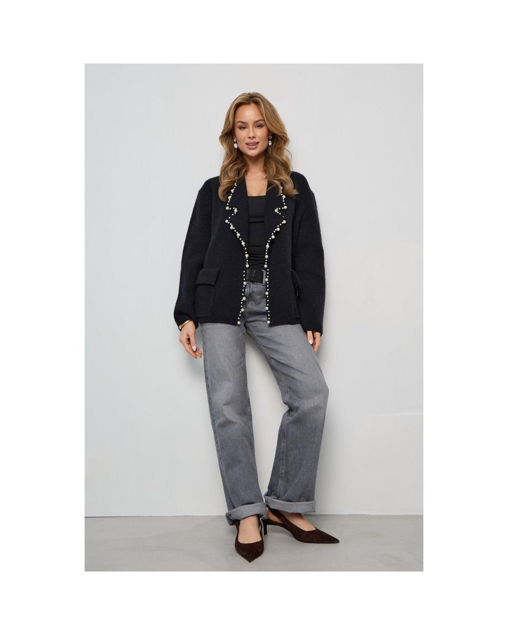 Saachi Black Pearl Trim Short Blazer