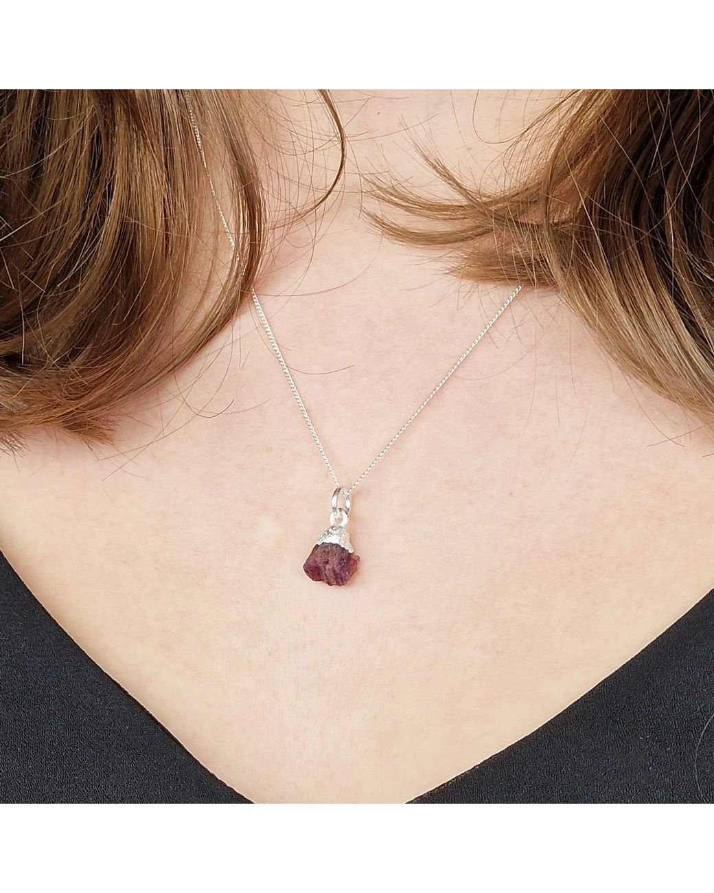 Harfi Metallic Raw Ruby Sterling July Birthstone Necklace