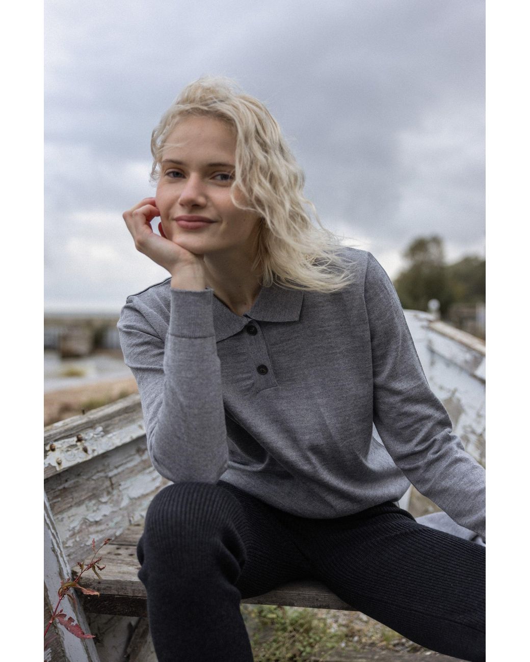 SALANIDA Gray Galante 100% Merino Polo Top Light