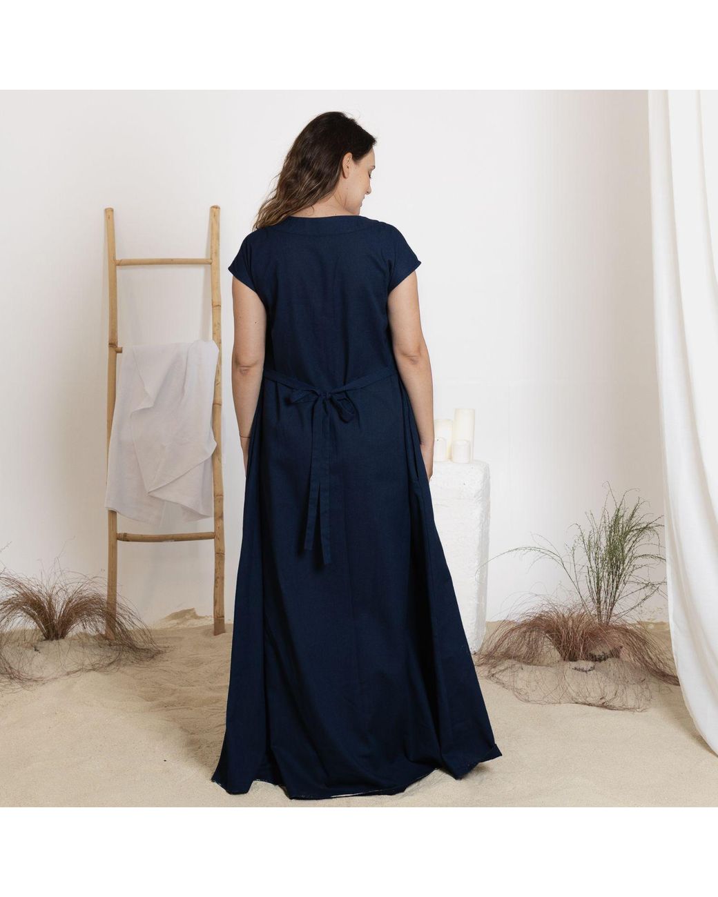 Nikka Place Blue Linen Maternity Maxi Dress With Back Tie And Pockets