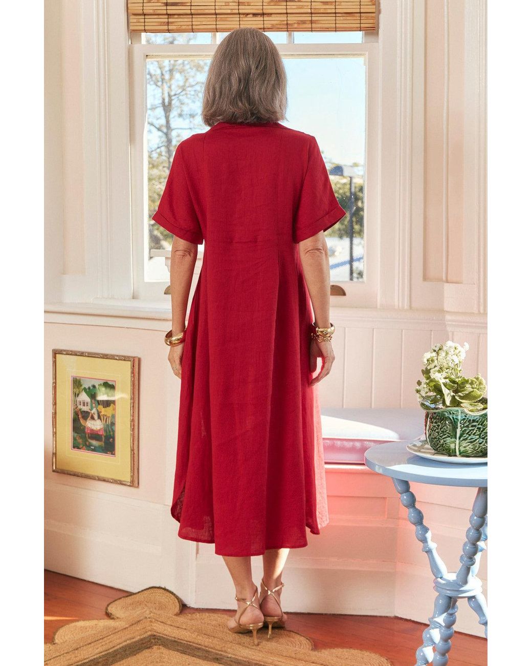Adrift Clothing Red Bridget Linen Pleated Dress