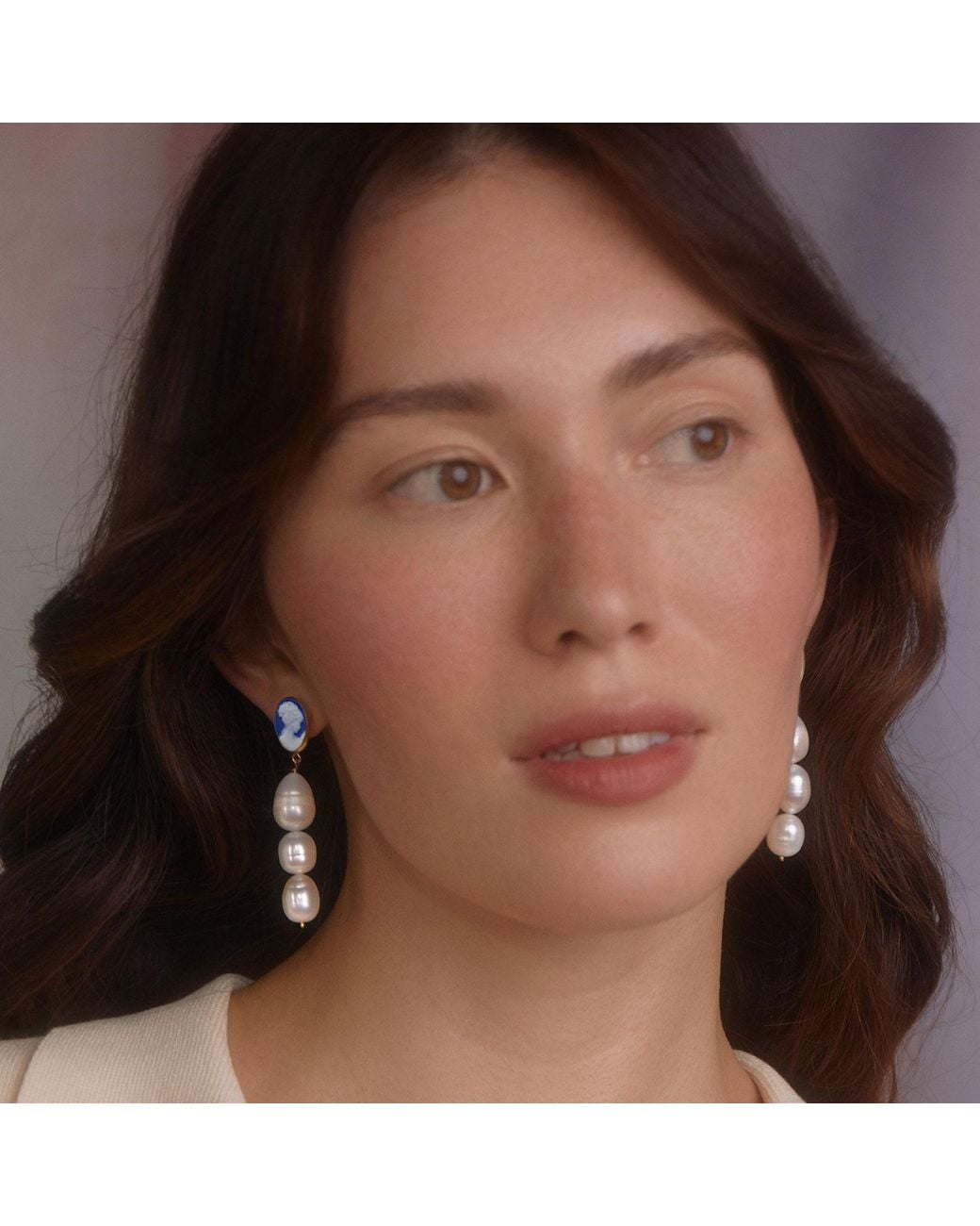 Vintouch Italy Blue Portrait Of A Girl Cameo And Pearl Earrings