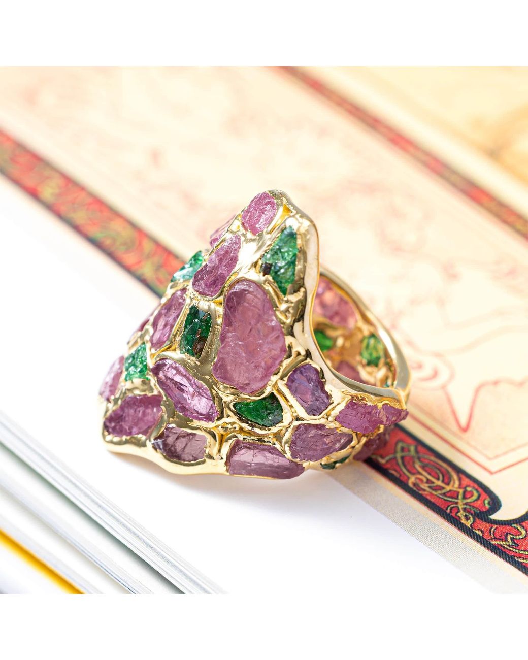German Kabirski Pink Kelea Handcrafted Plated Ring With Raw Spinel And Tsavorite Garnet