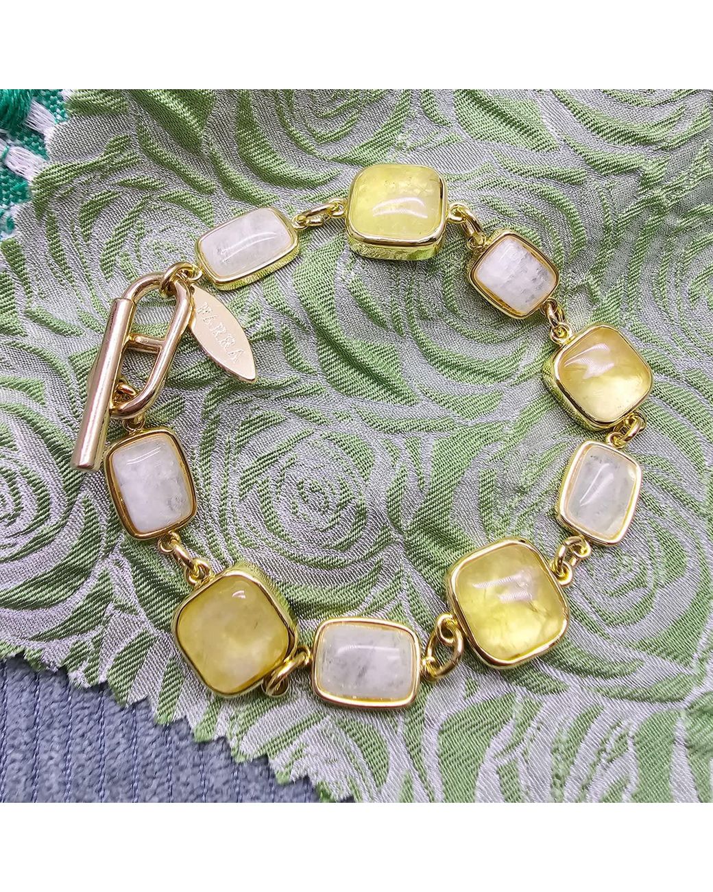 Farra Metallic Prehnite And Noonstone Charms Bracelet