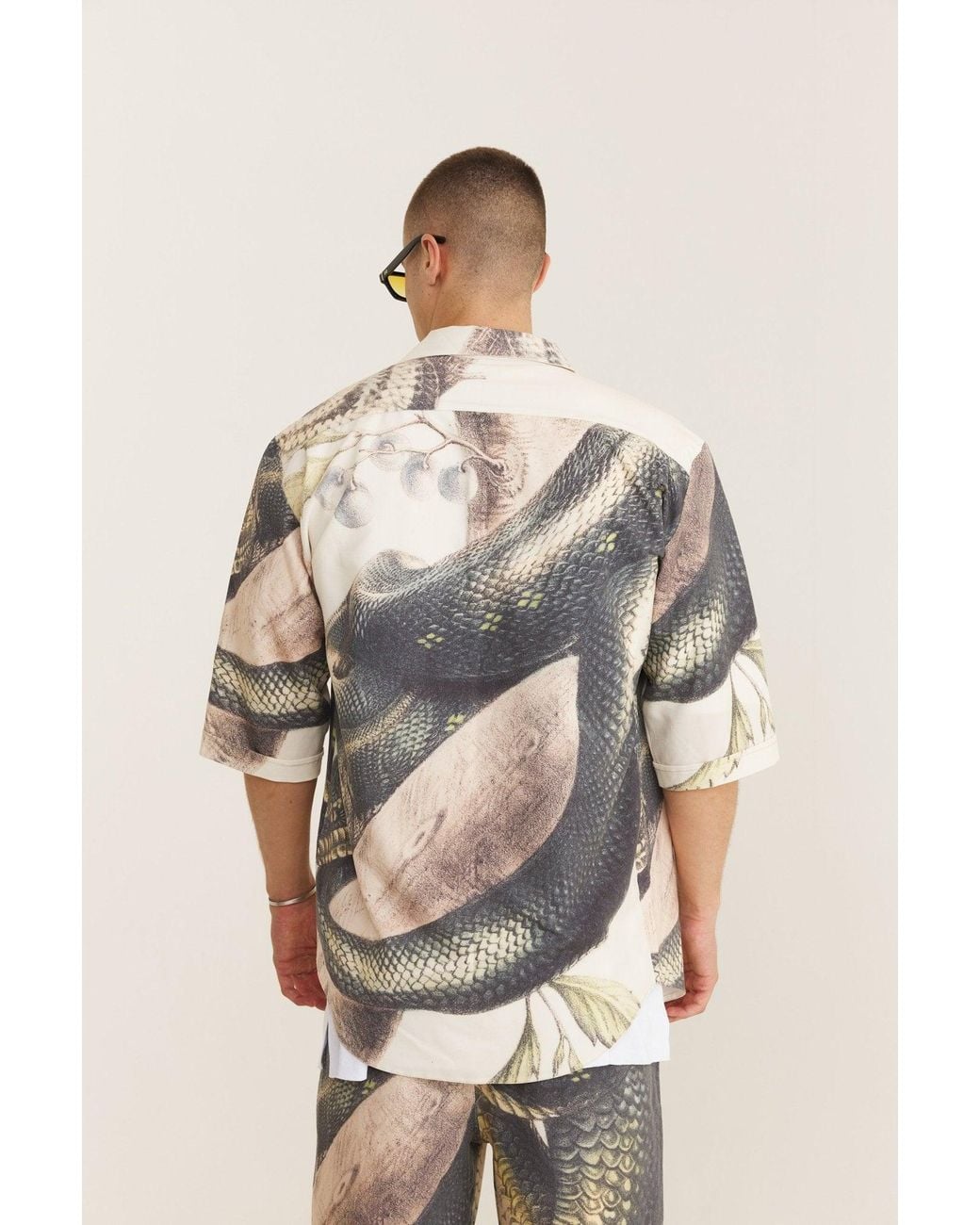 mysimplicated Natural Neutrals Short Sleeve Shirt And Bermuda Set With Snake Design for men