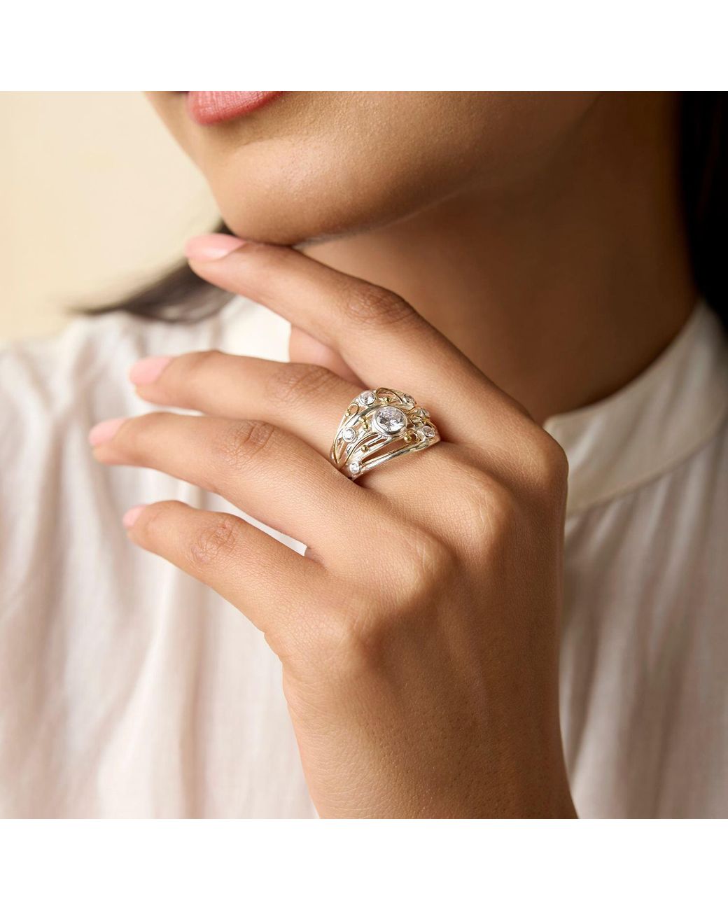 Isla Silver Metallic Statement Ring Set With Clear Quartz & Zirconia