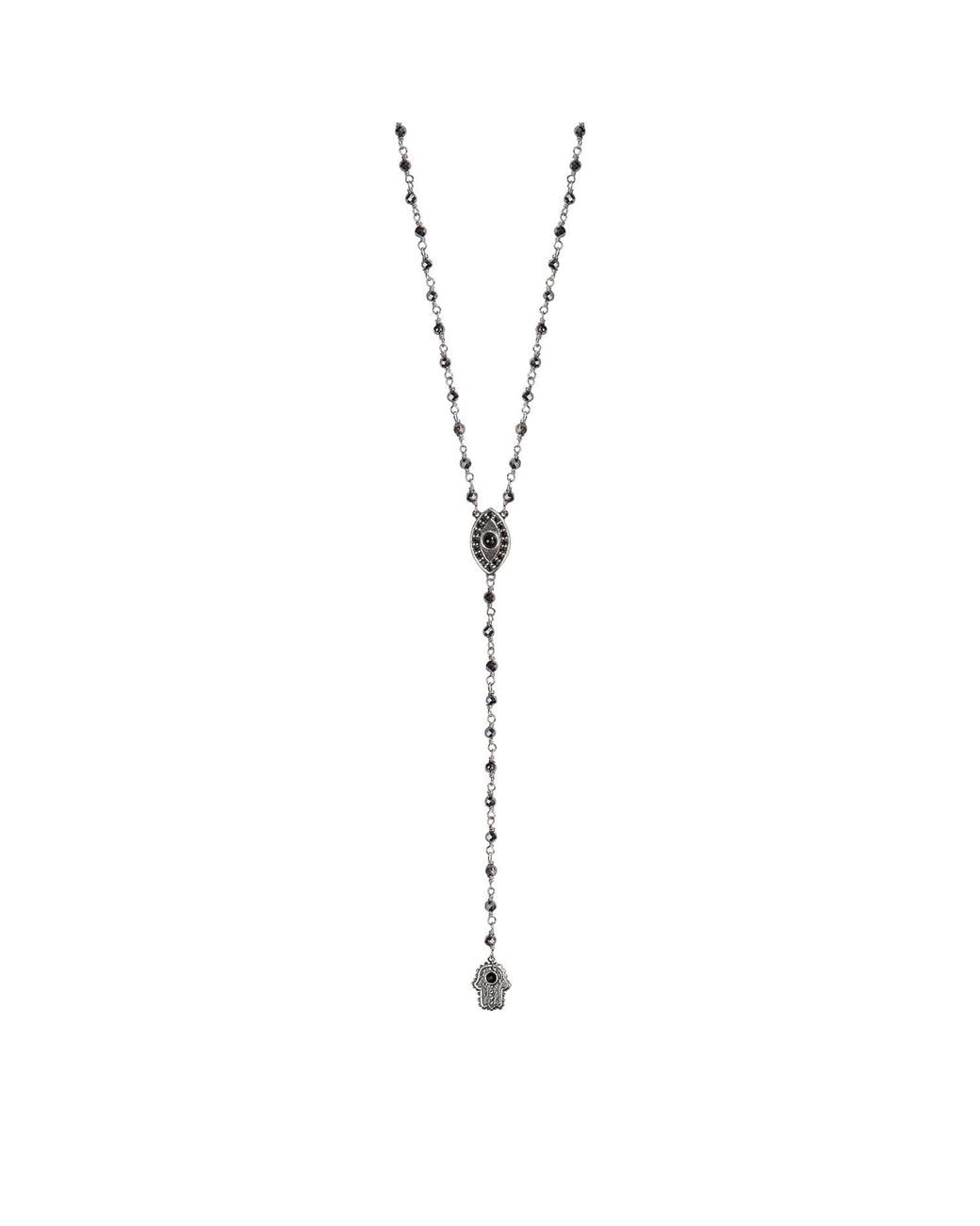 Karma and Luck Metallic Hematite Rosary Evil Eye Hamsa Necklace – Strength & Spiritual Protection Jewelry – Stand