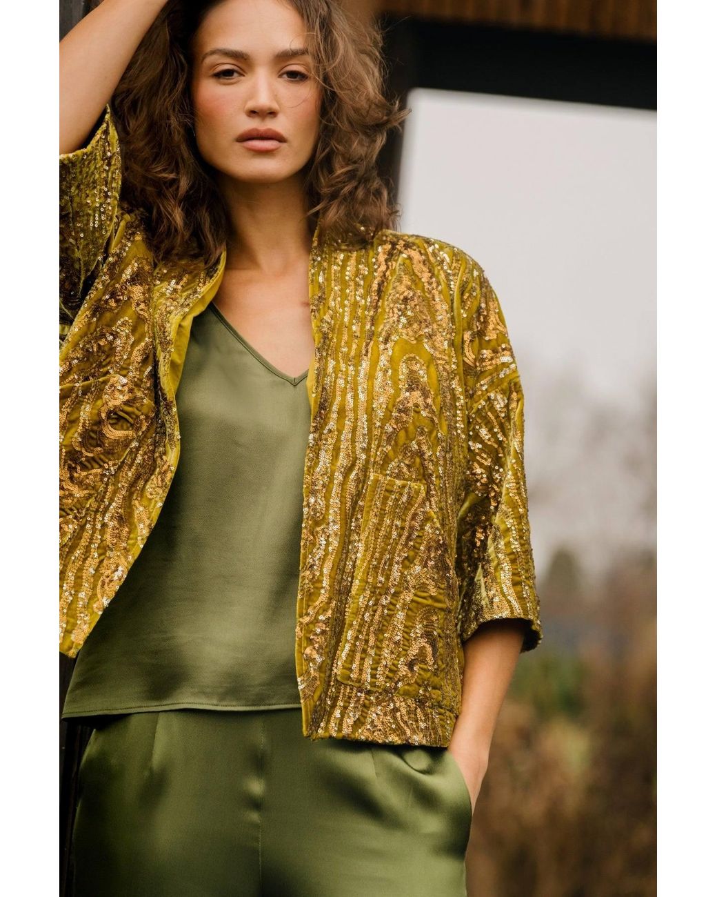 Traffic People Yellow Not Too Shy Velvet Sequin Relaxed Jacket