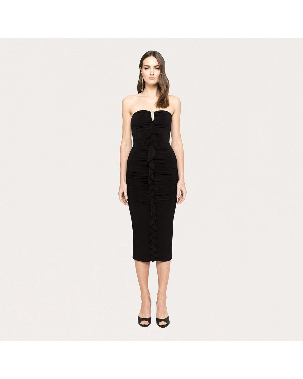 Nissa Black Ruffled Ruched Jersey Midi Dress