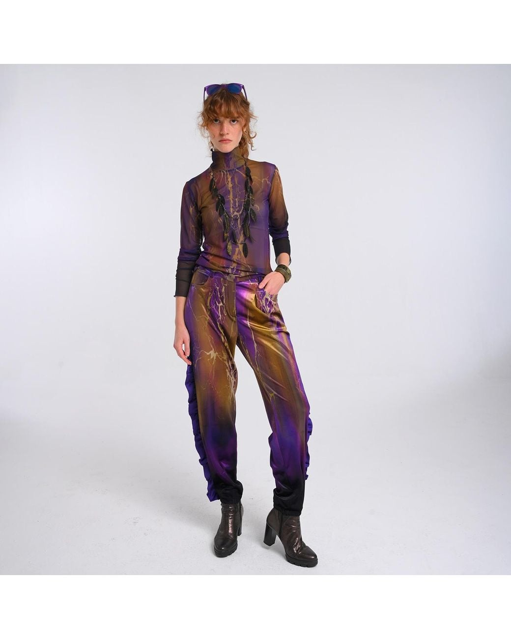 Lalipop Design Purple Abstract Print Velvet High-Waist Pants