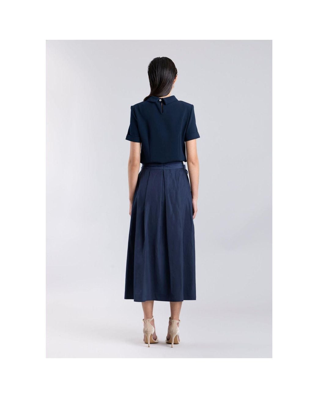 The Extreme Collection Blue Midi Skirt Taffeta With Waist Tie