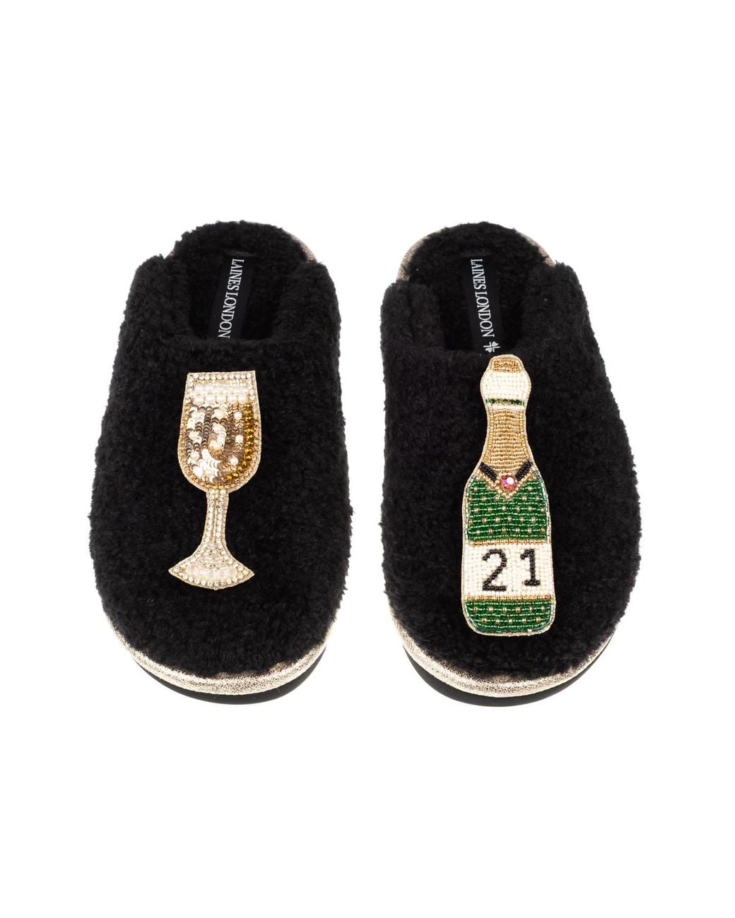 Laines London Black Teddy Closed Toe Slippers With 21St Champers Bottle & Glass Brooches