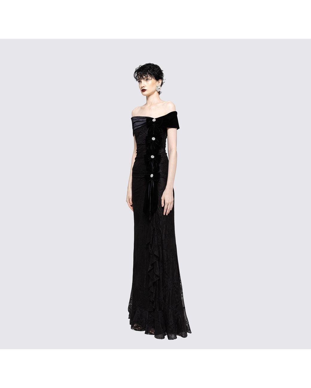 Nissa Black Bow-Detail Lace Maxi Dress