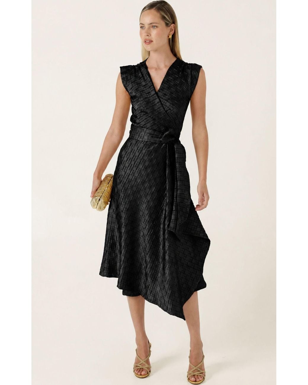 SACHA DRAKE Black Crown Textured Satin Midi Wrap Dress