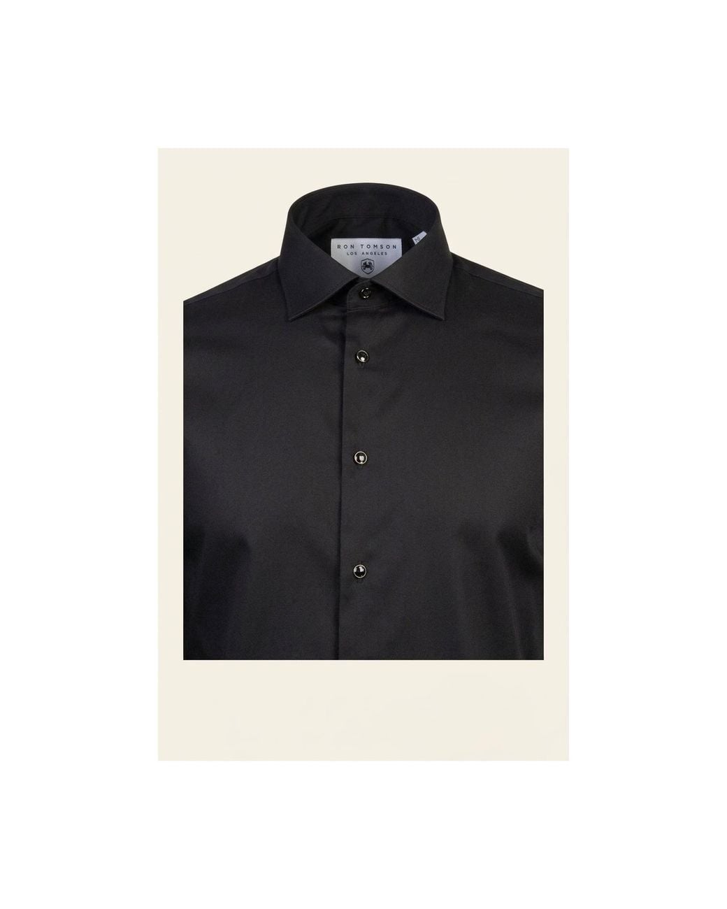 Ron Tomson Black Pure Cotton Classic Collar Stud Button French Cuff Tuxedo Shirt for men