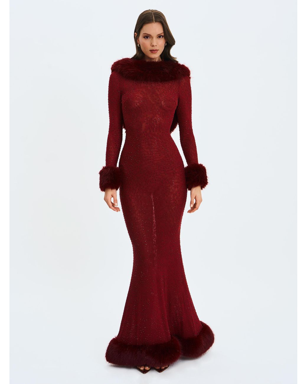 Miss Circle New York Purple Mellie Burgundy Regular-Length Rhinestone Mesh Low Back Mermaid Gown