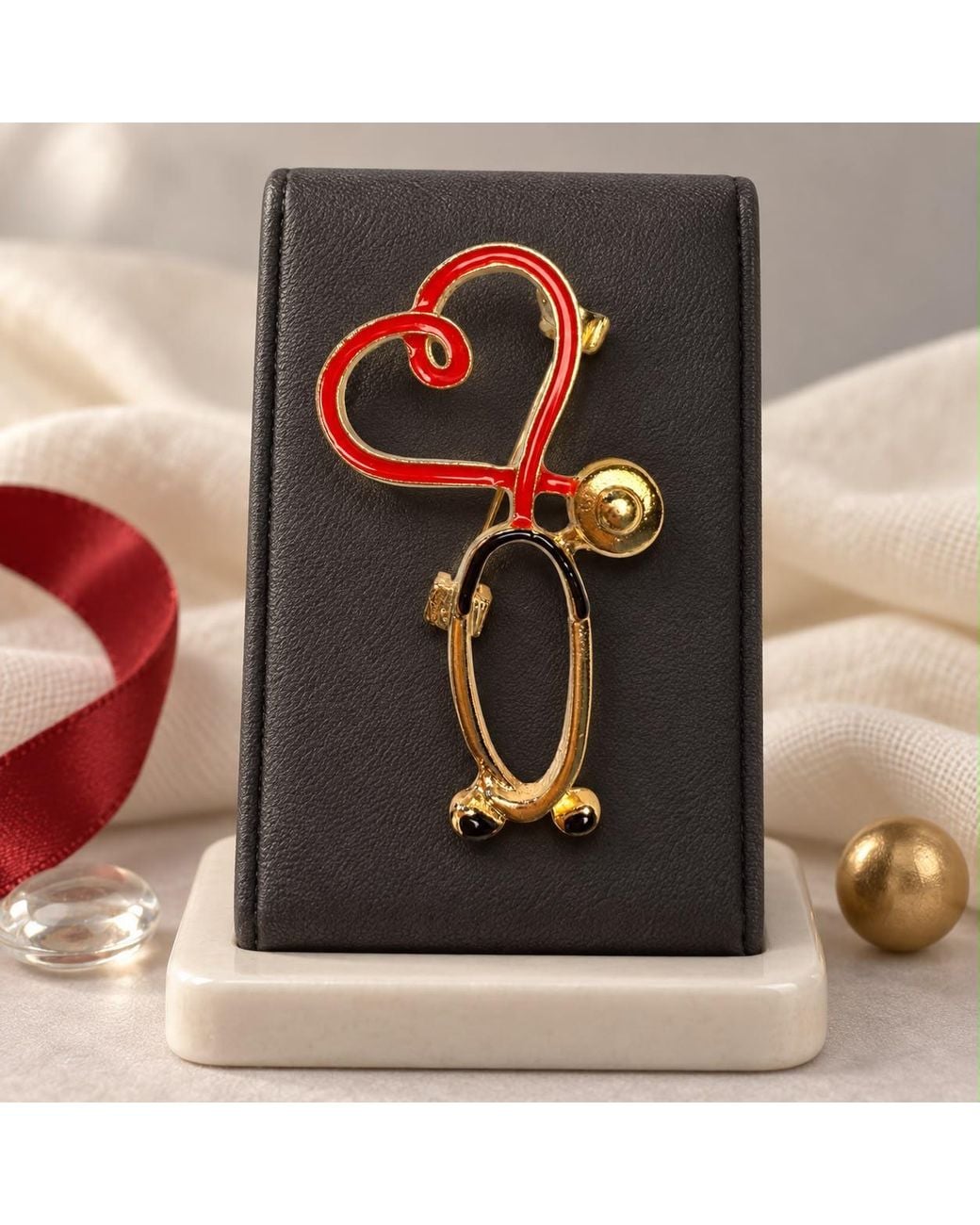 By Ozge Red Healing Heart Enamel Stethoscope Plated Brooch