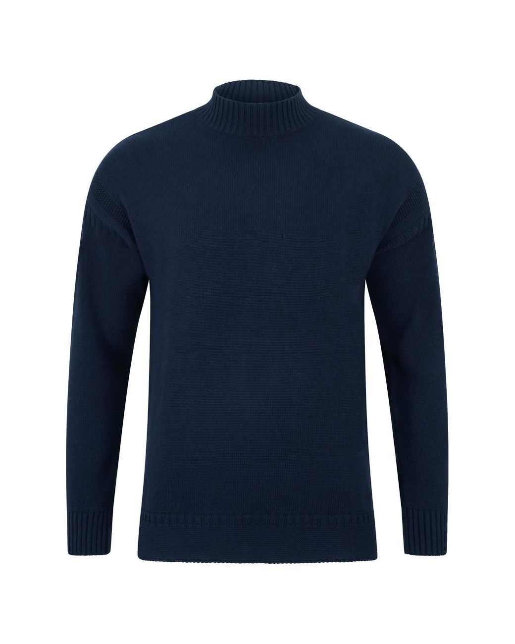 Paul James Knitwear Blue Midweight Cotton Linen Sark Mock Neck Gansey Jumper for men