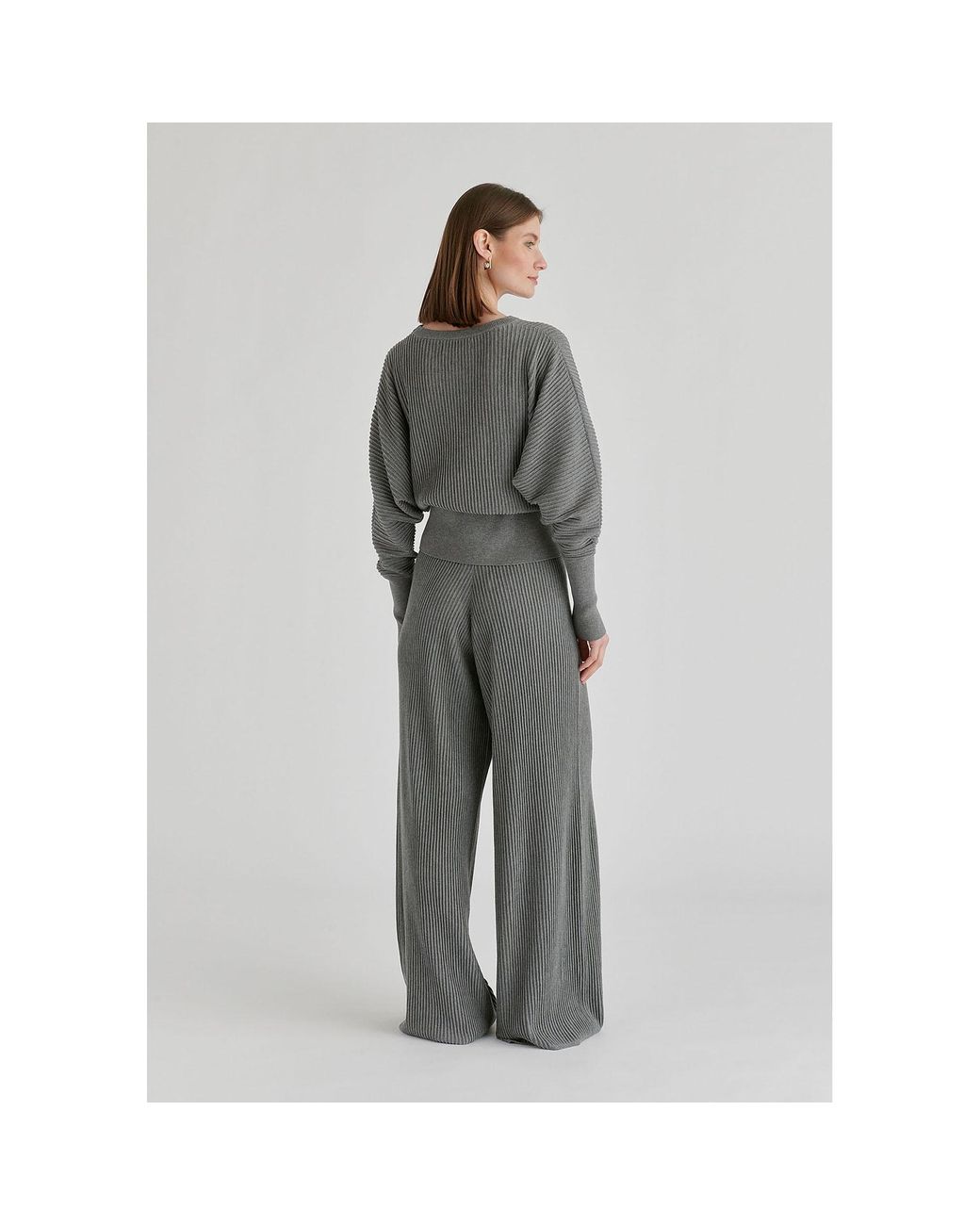 Paisie Gray Ribbed Trousers With Wide Waistband