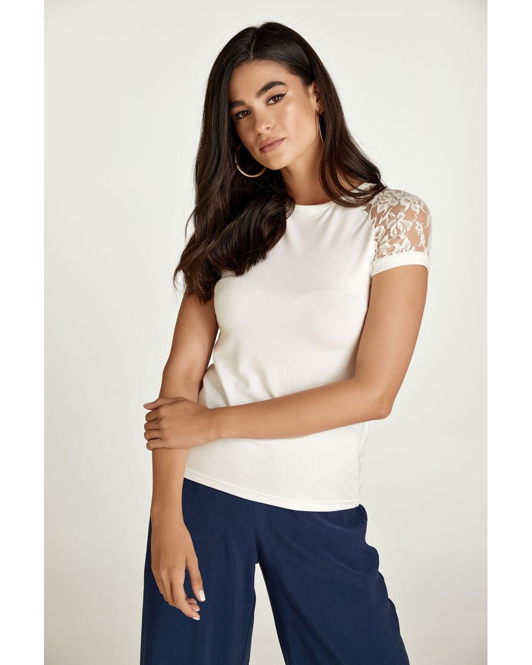 Conquista White Neutrals Ecru Top With Short Lace Sleeves