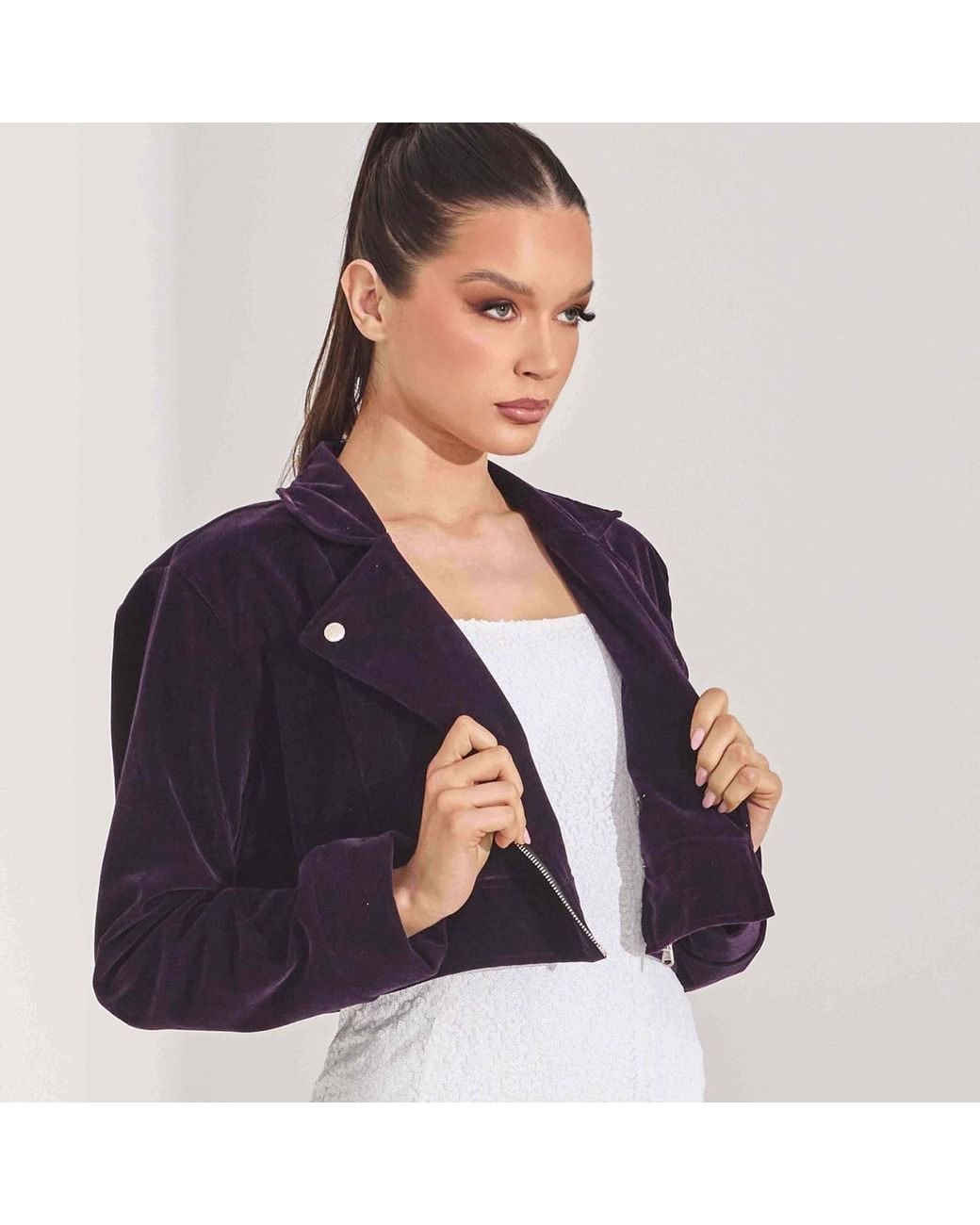 Ettie Blue Rhinestone Back Velvet Cropped Biker Jacket