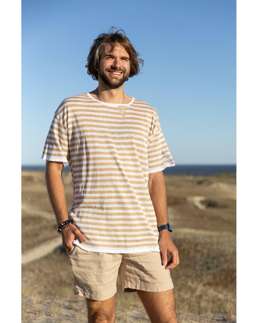 SALANIDA White Energia Ripped Linen T-Shirt Caramel Striped