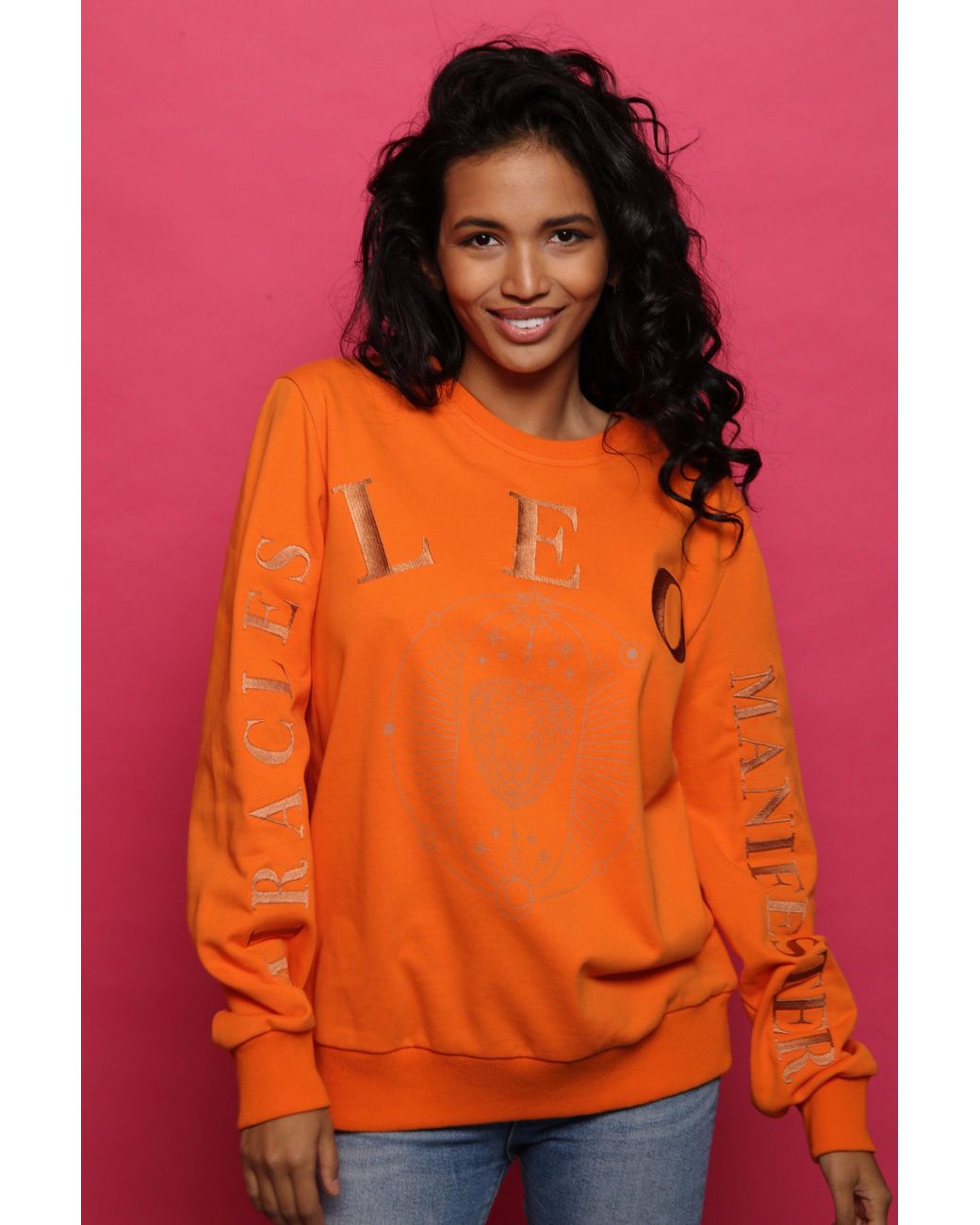 Miracles Manifester Orange Oversized Embroidered Leo Sign Sweatshirt