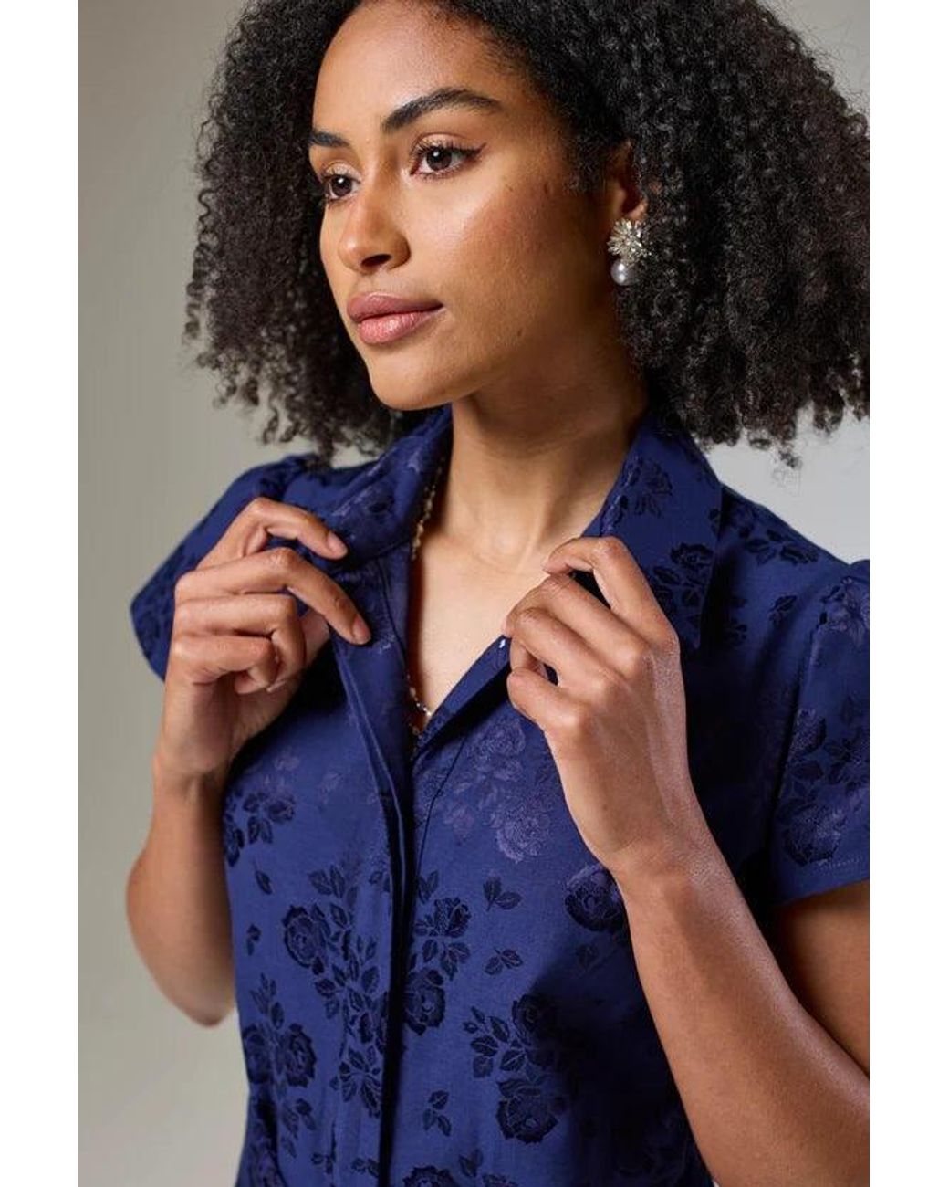 Lioness by Tf Blue Royal Petals Short Sleeve Shirt Dress
