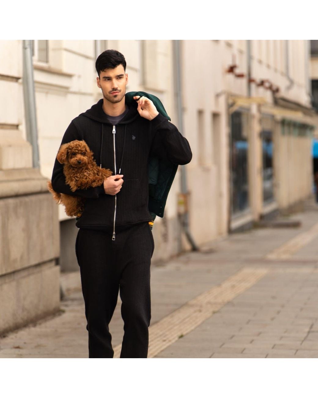 Maison Tangerine Black Knit Set Premium Cotton Zip-Up Hoodie & Joggers Tracksuit Set For