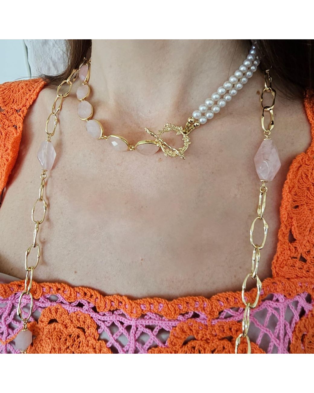 Farra Metallic Nugget Rose Quartz With Chain Long Necklace