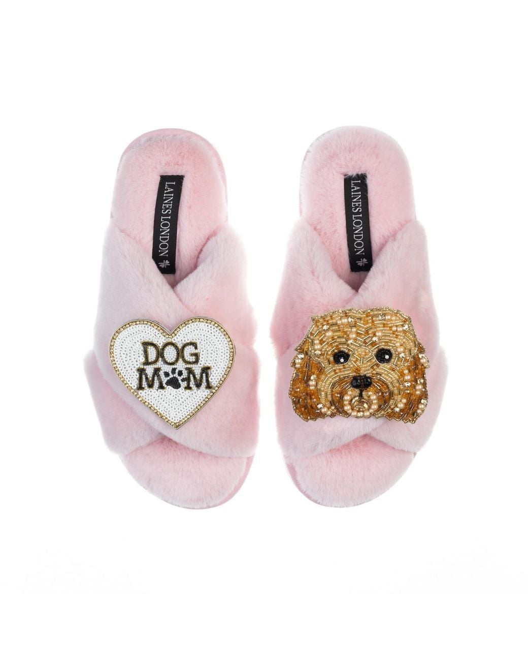Laines London Pink Classic Laines Slippers With Enki-Doo The Cockapoo & Dog Mum Mom Brooches