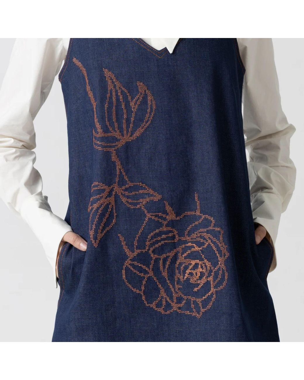 IZABELA MANDOIU Blue Dark Denim Mini Pinafore Dress With Copper Floral Embroidery