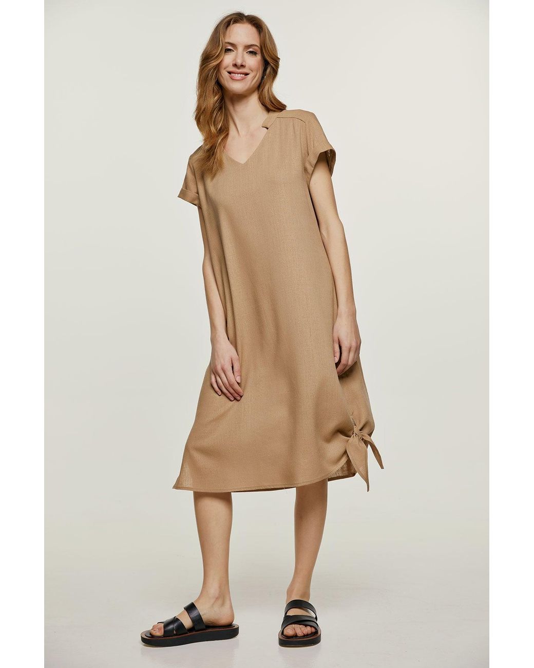 Conquista Natural Neutrals Midi Dress With Tie Detail