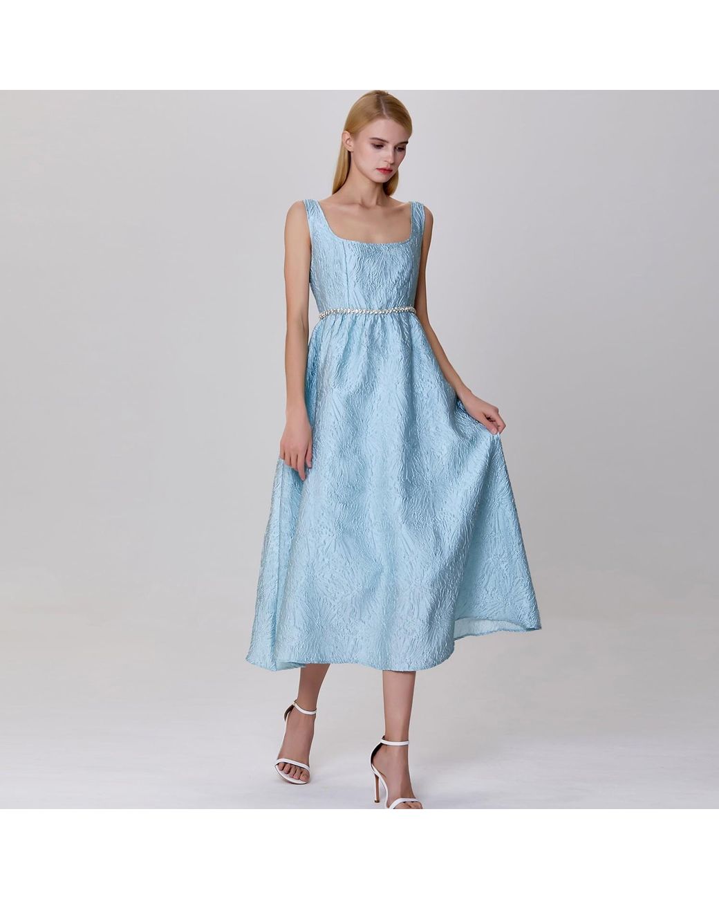Smart and Joy Blue Fit-And-Flare Textured Jacquard Dress