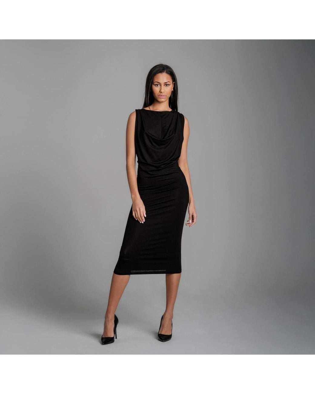 Imaatu Blue Oshun Ruched Cowl Neck Convertible Midi Dress
