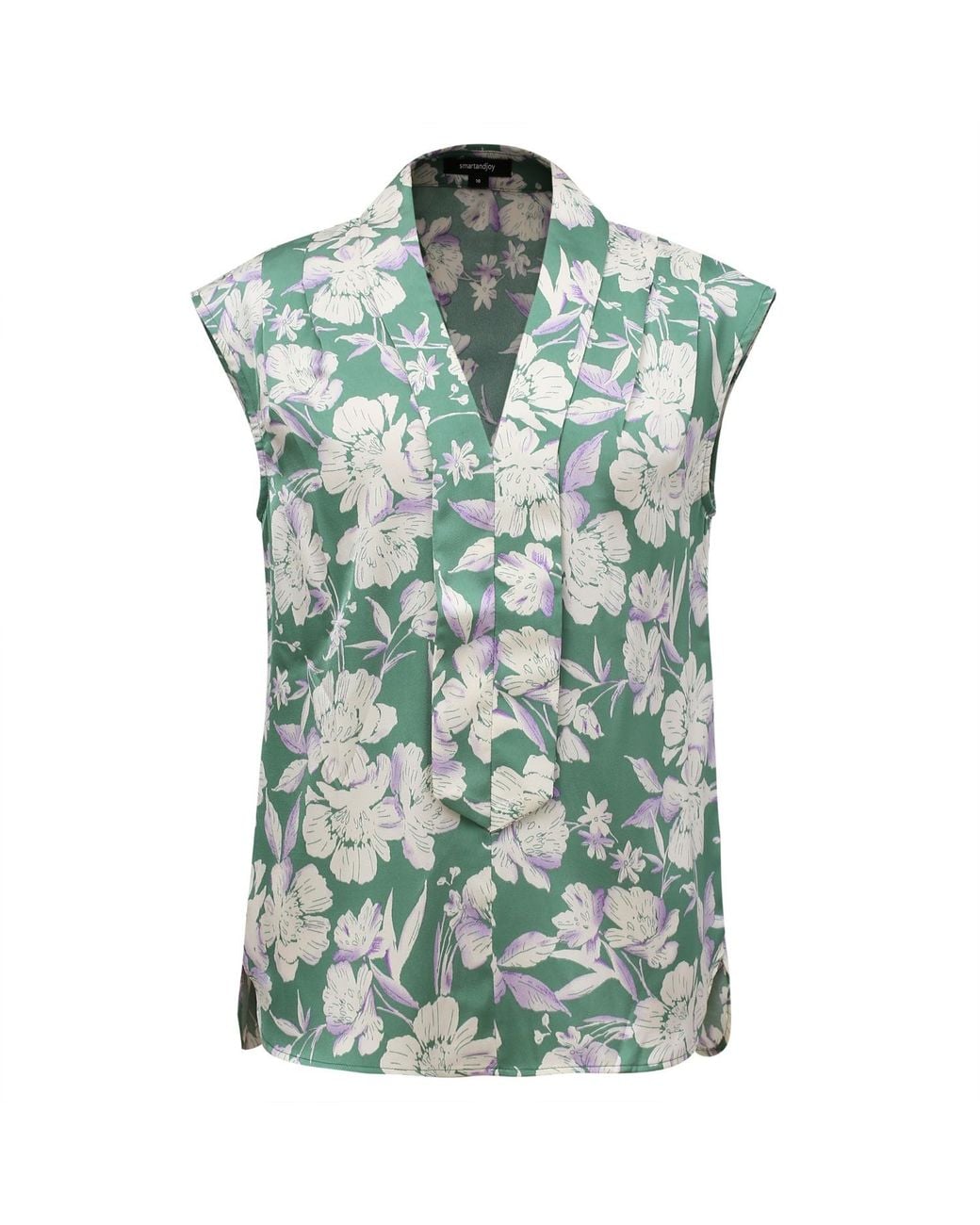 Smart and Joy Green Sleeveless Blouse With Wide Flat Collar And Macro Flower Print