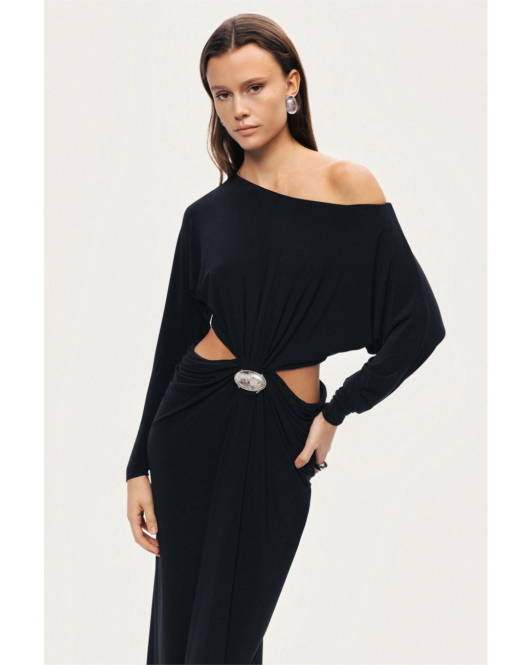 Nocturne Black One-Shoulder Cut-Out Maxi Dress